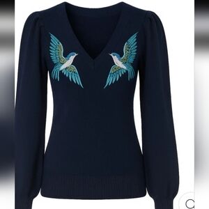 Oxknit Navy Bird Embroidered Sweater Size M 100% Cotton